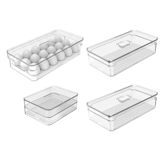 Kit 4 Organizadores De Geladeira Clear Fresh: Porta Ovos 18un, Porta Frios e 2 Potes