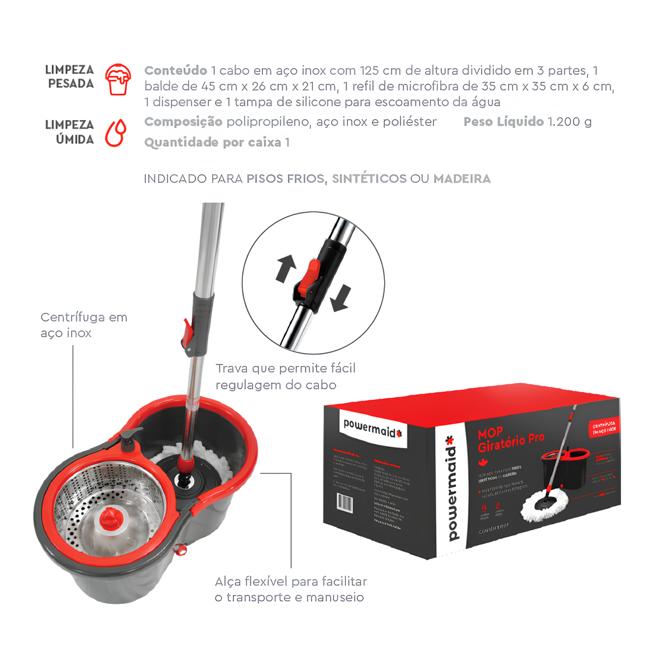 Mop Giratório Pro em Inox com Balde 13L e Esfregão Cabo 1,25m