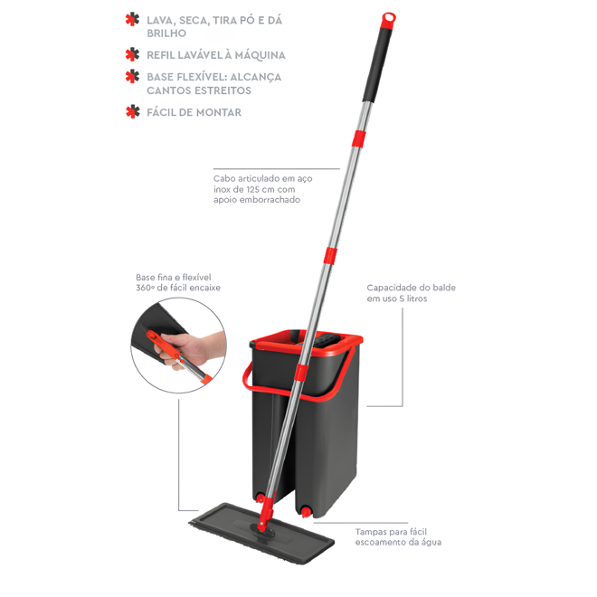 Mop Lava e Seca em Inox com Balde Duplo e Esfregão Cabo 1,25m