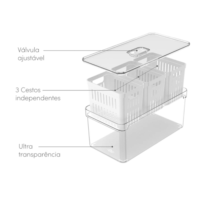 Organizador De Geladeira com 3 Cestos e Tampa Acrílico 5L Clear Fresh