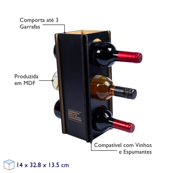 Adega em MDF para 3 Garrafas Preta Vinhos Espumantes