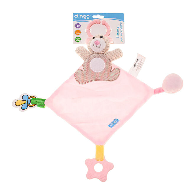 Naninha Urso Rosa com Mordedor e Suporte para Chupeta