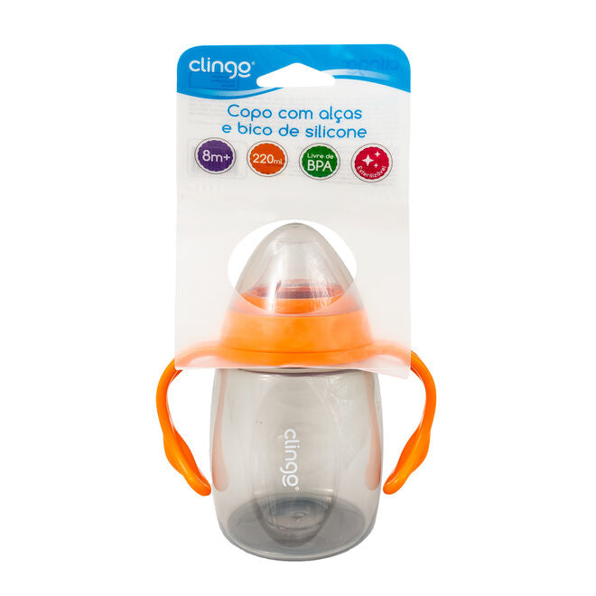 Copo de Transição Clingo com Alça, Bico de Silicone, Anti-Vazamento - Laranja