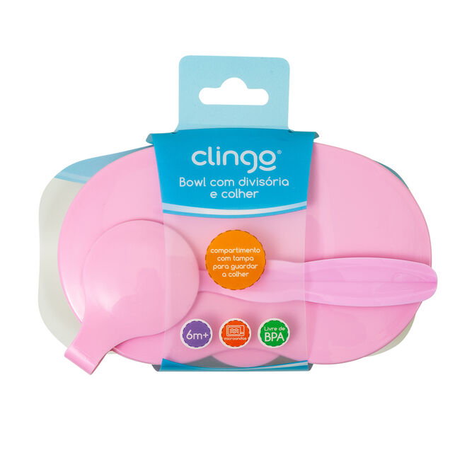 Kit Tigela com Colher e Divisória Clingo Rosa com Compartimento para Talher