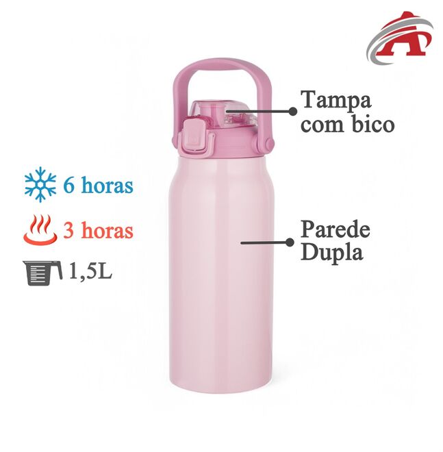 Garrafa Litrão com Alça e Bico 1,5L em Aço Inox Rosa