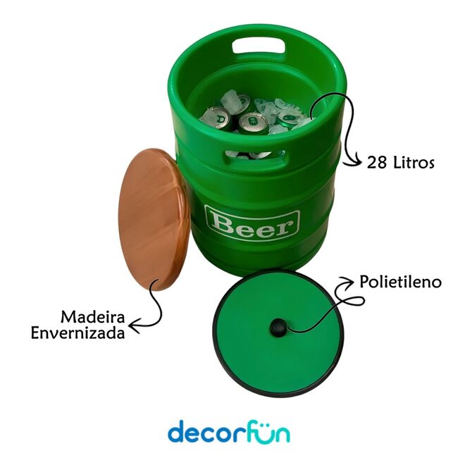 Banco Cooler de Cervejas Barril Decorativo Tampo de Madeira 28L Verde